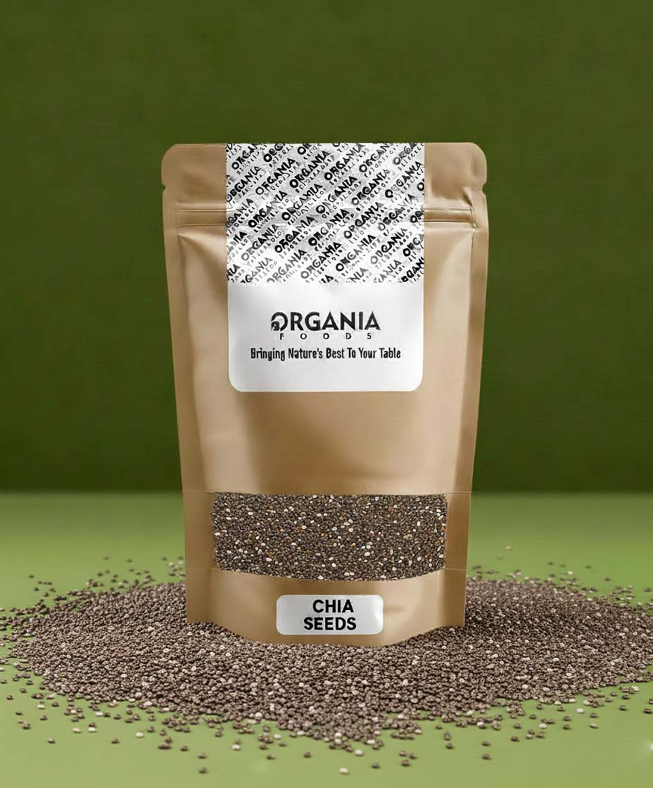 Bag of chia seeds with 'Organia' label on a green background