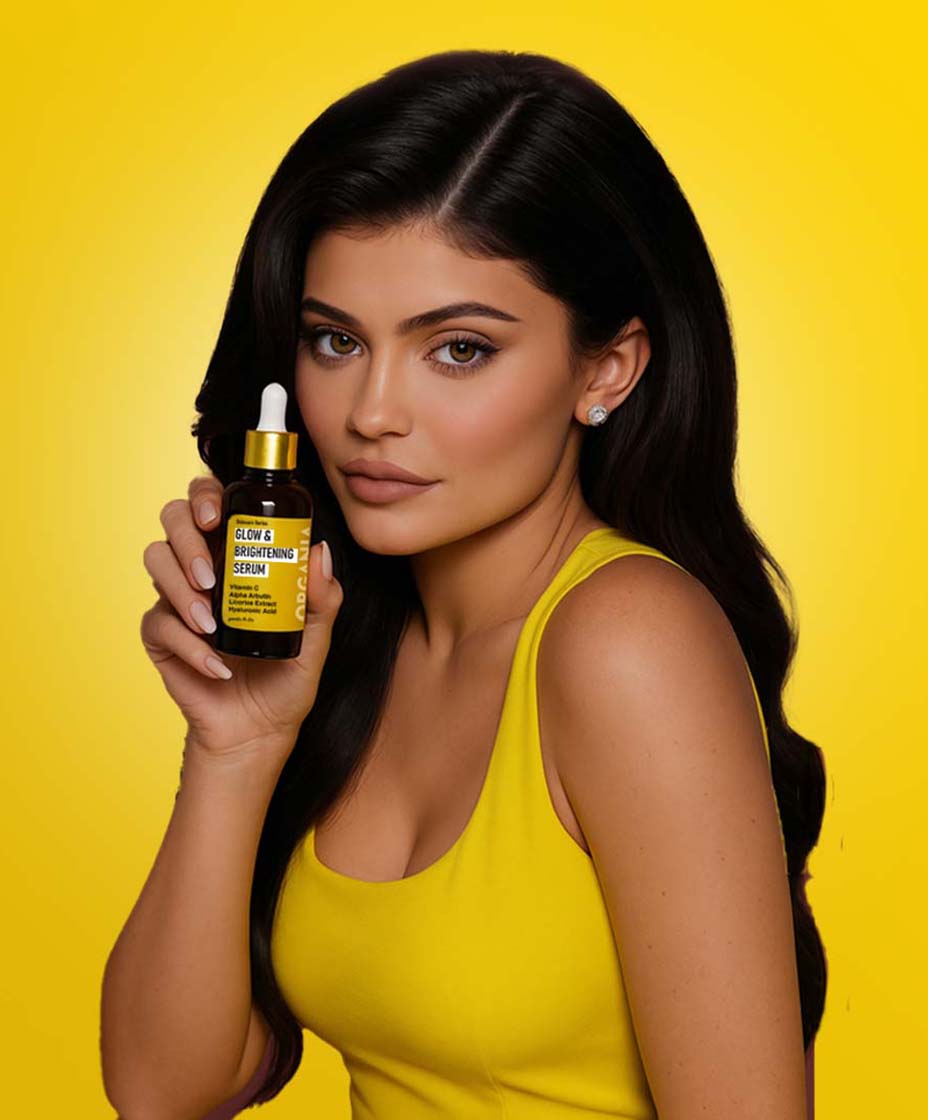 Woman holding a skincare serum bottle with a yellow background