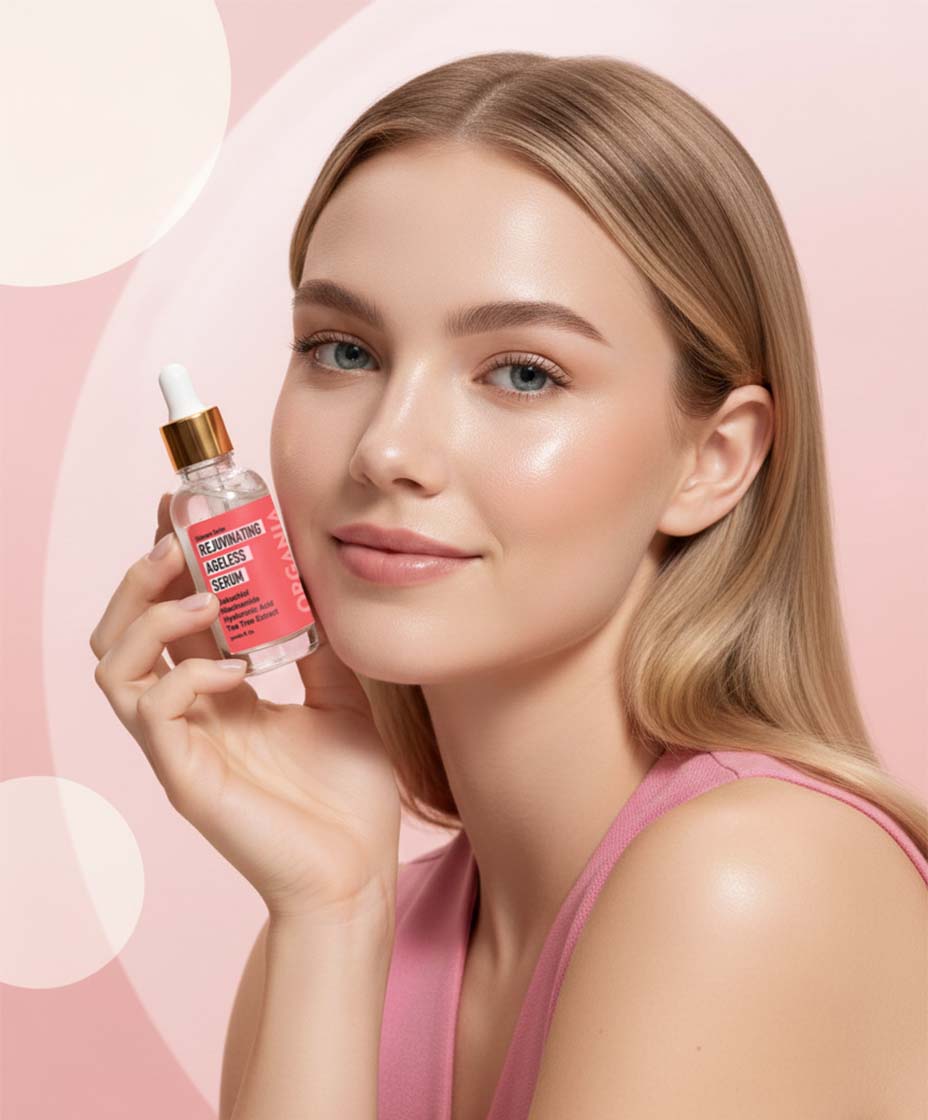 Woman holding a skincare serum bottle against a pink background