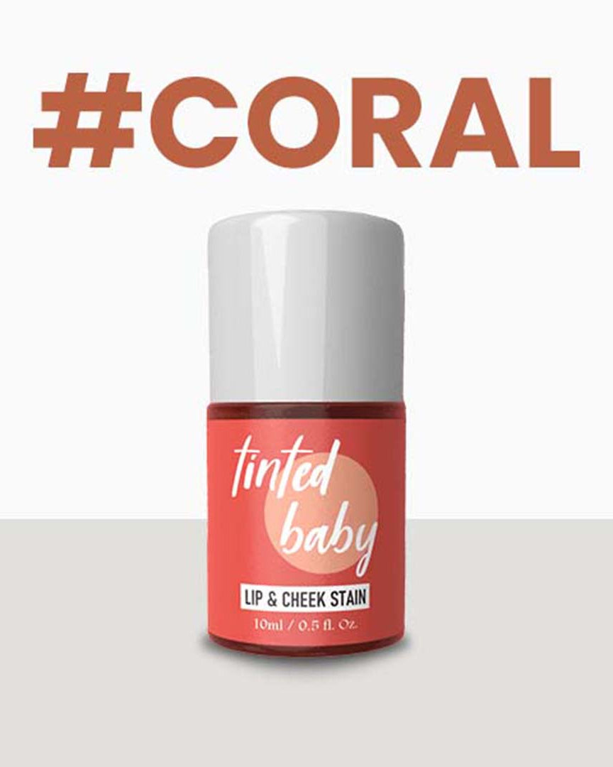 Lip and cheek stain bottle with coral color and '#Coral' text on a white background