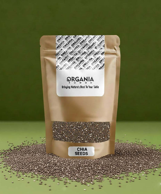Bag of chia seeds with 'Organia' label on a green background