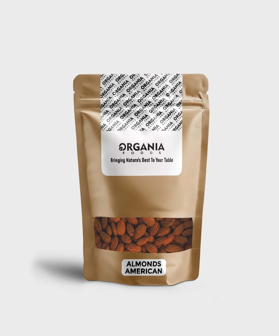 Bag of Organia Foods almonds on a light gray background
