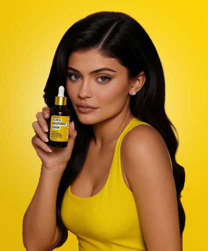 Woman holding a skincare serum bottle with a yellow background