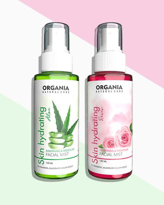 Two bottles of Organia Skin Hydrating Facial Mist on a colorful background