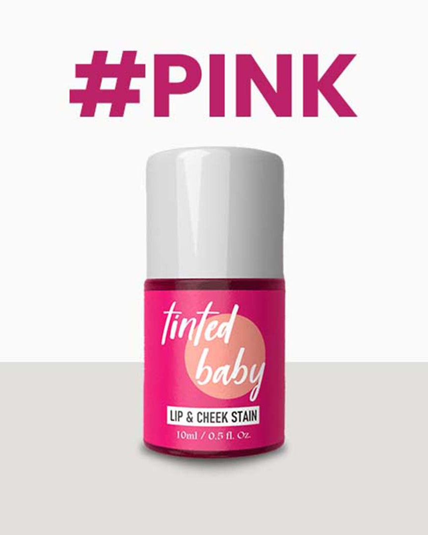 Pink lip and cheek stain bottle with '#PINK' text on a white background
