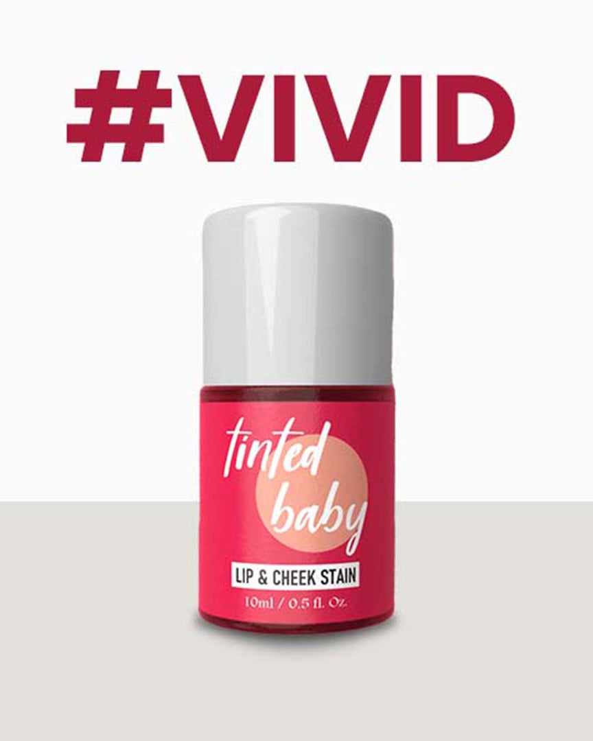 Tinted baby lip and cheek stain bottle with '#VIVID' text on a white background