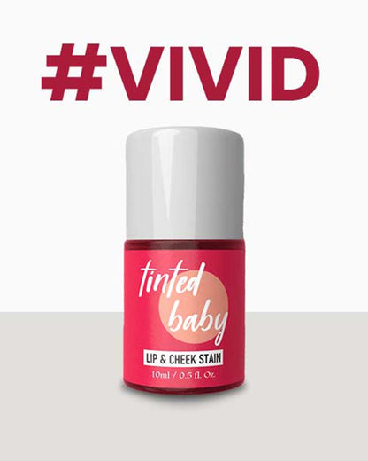 Tinted baby lip and cheek stain bottle with '#VIVID' text on a white background